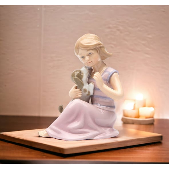 Ceramic Little Girl Playing with Dog Figurine 3 1/8" Image 2