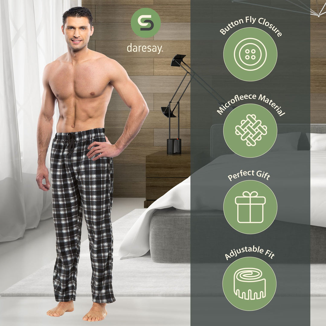 DARESAY Mens Microfleece Plaid Pajama Pants with Pockets 3 Pack Adjustable Fit Image 1