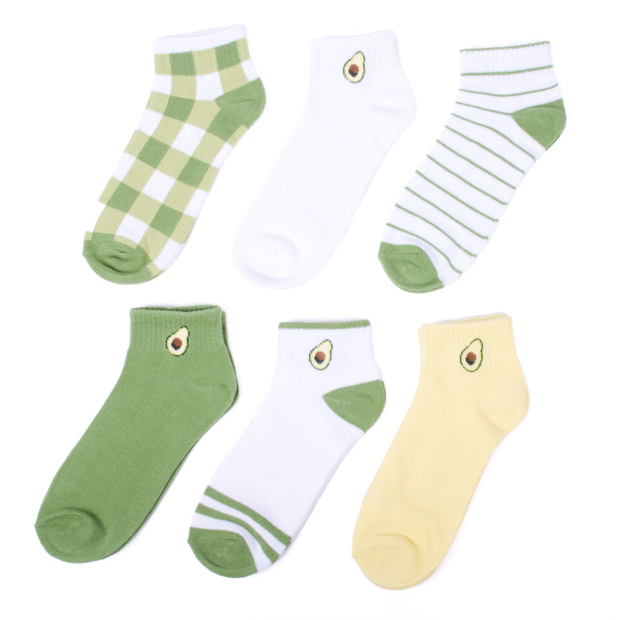 Womens Low Cut Socks Six Pairs Avocado Embroidered Design Mom Gift Assorted Green White Yellow Design 6 Pre Pack Ribbed Image 1