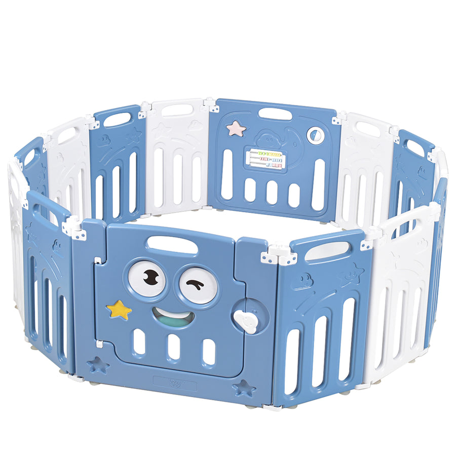 14-Panel Foldable unisex Baby Playpen Kids Activity Centre Lock Door Rubber Bases Blue Image 1