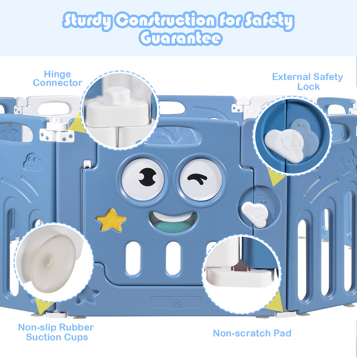 14-Panel Foldable unisex Baby Playpen Kids Activity Centre Lock Door Rubber Bases Blue Image 4