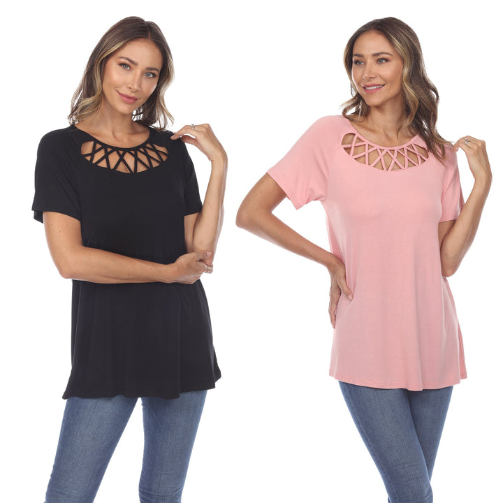 White Mark Womens 2 Pack Crisscross Black Short Sleeve Tops Size Up to 3X Image 1