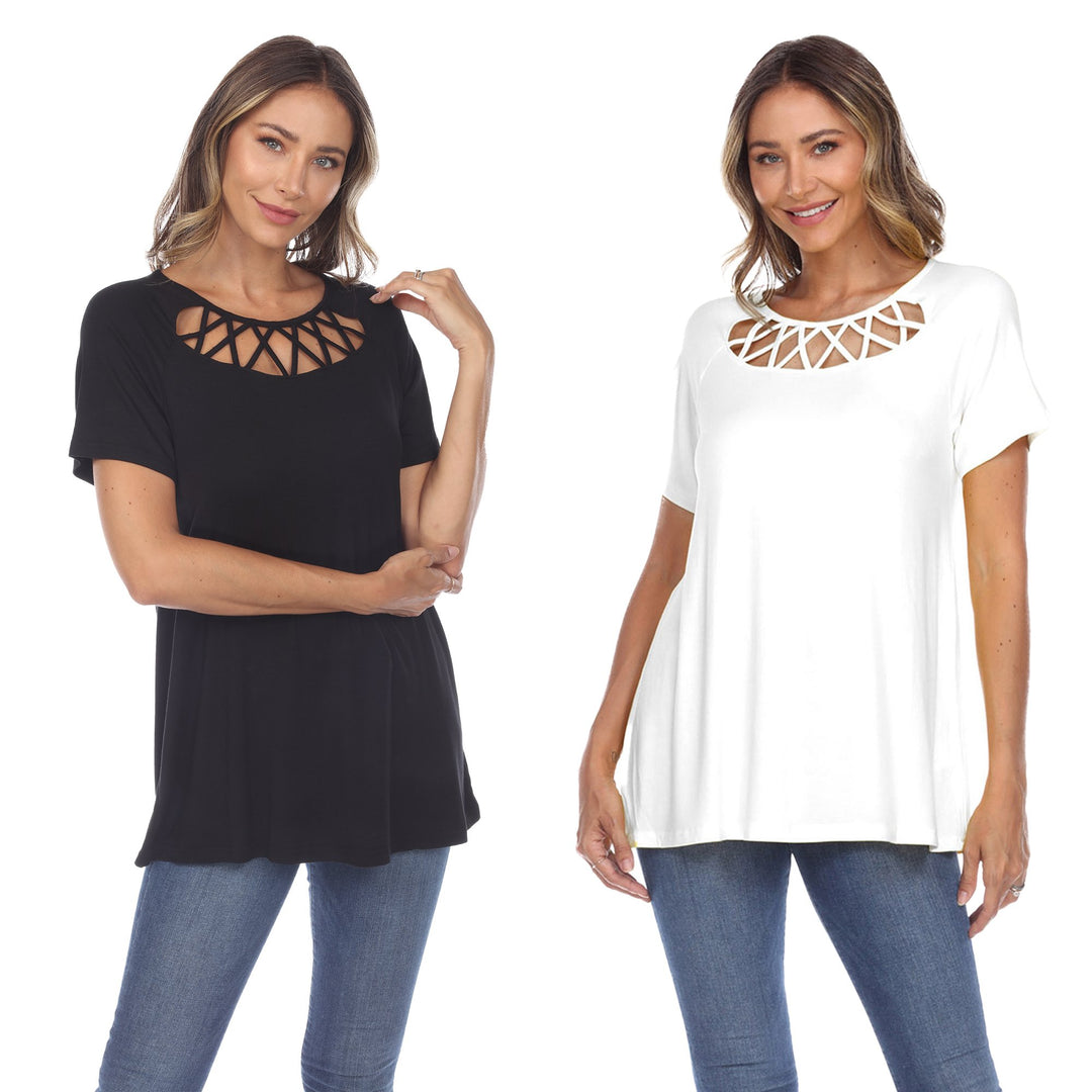 White Mark Womens 2 Pack Crisscross Black Short Sleeve Tops Size Up to 3X Image 1