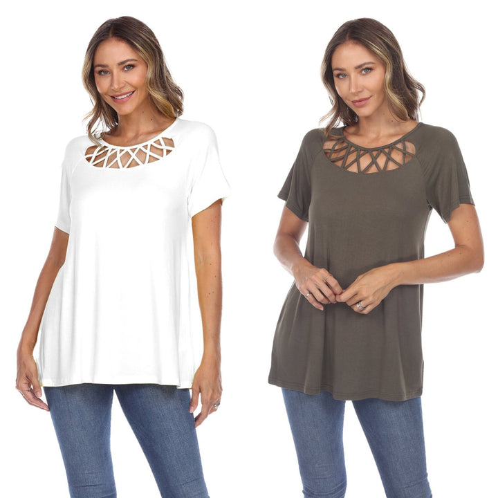 White Mark Womens Pack of 2 White Crisscross Short Sleeve Top Image 1