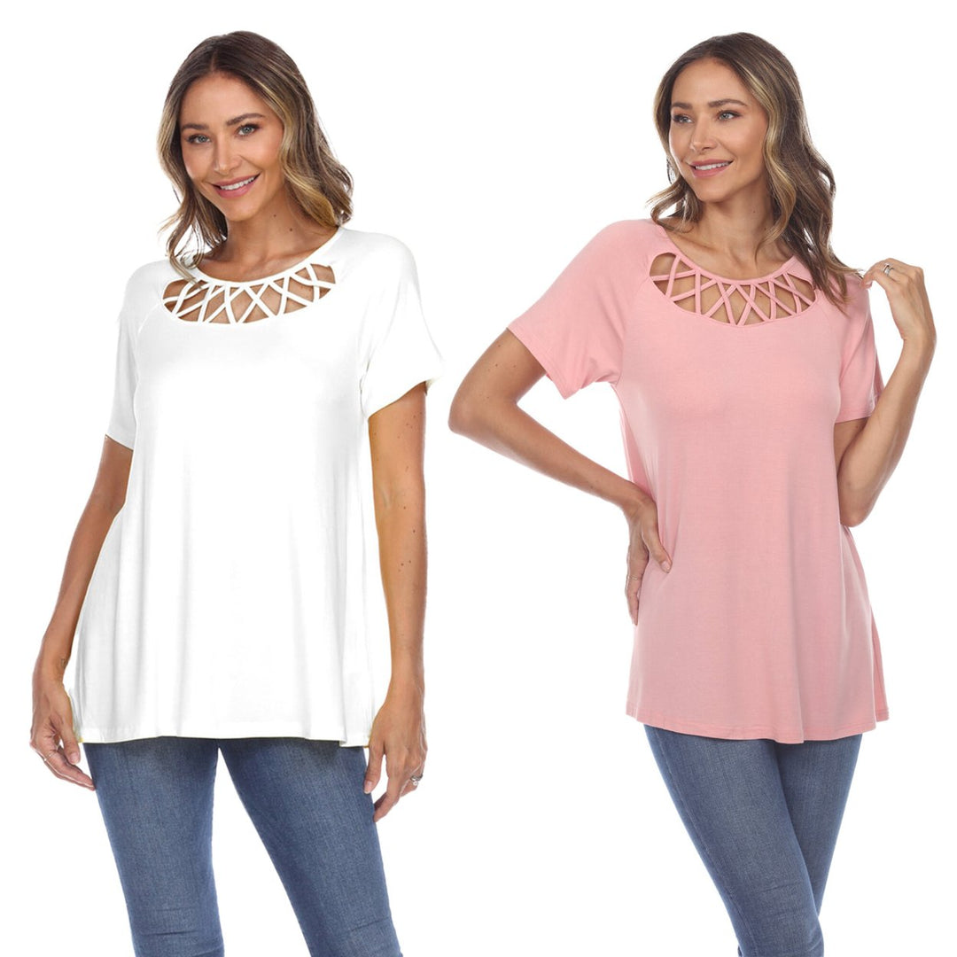 White Mark Womens Pack of 2 White Crisscross Short Sleeve Top Image 1