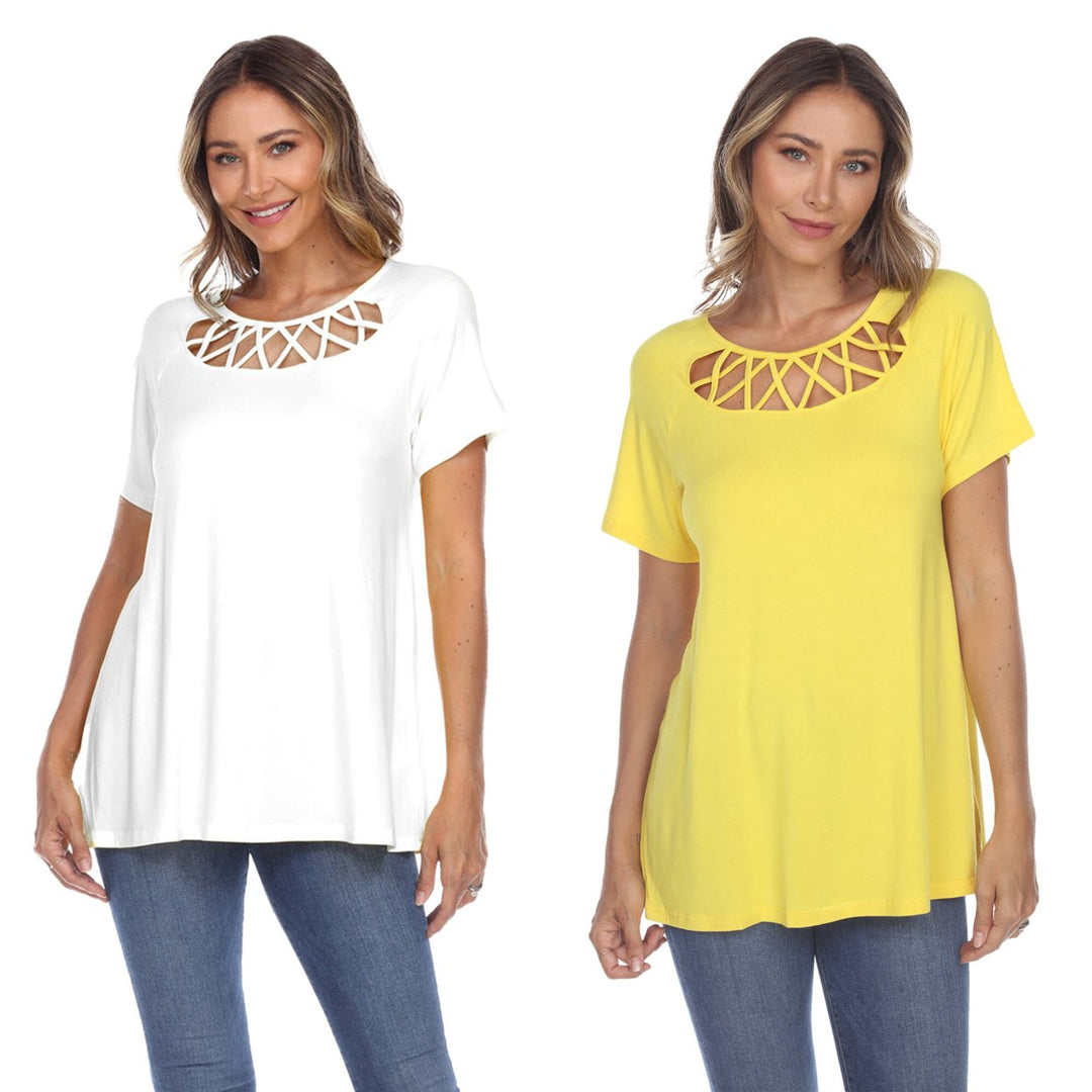 White Mark Womens Pack of 2 White Crisscross Short Sleeve Top Image 1