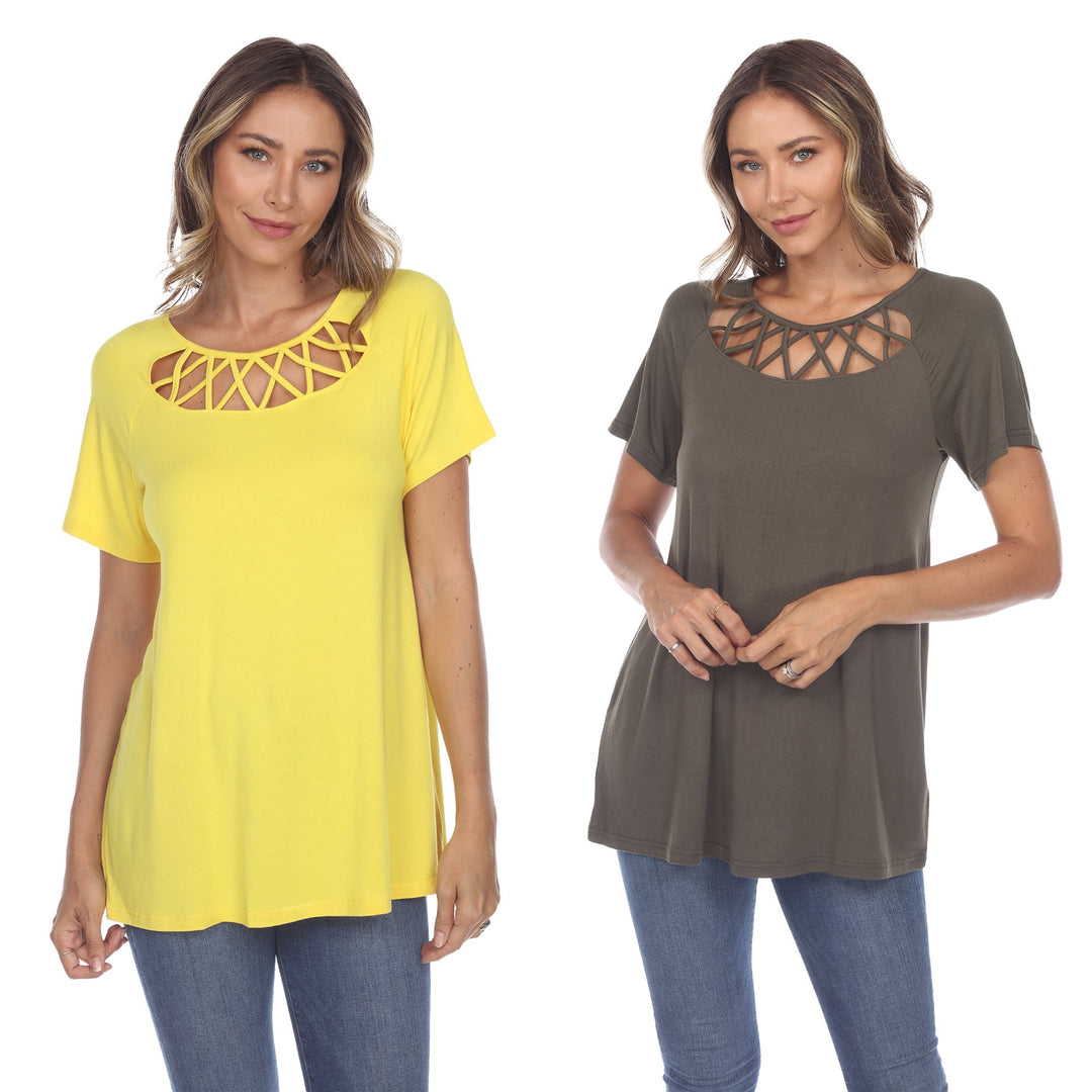 White Mark Womens Pack of 2 Yellow Crisscross Short Sleeve Top Image 1