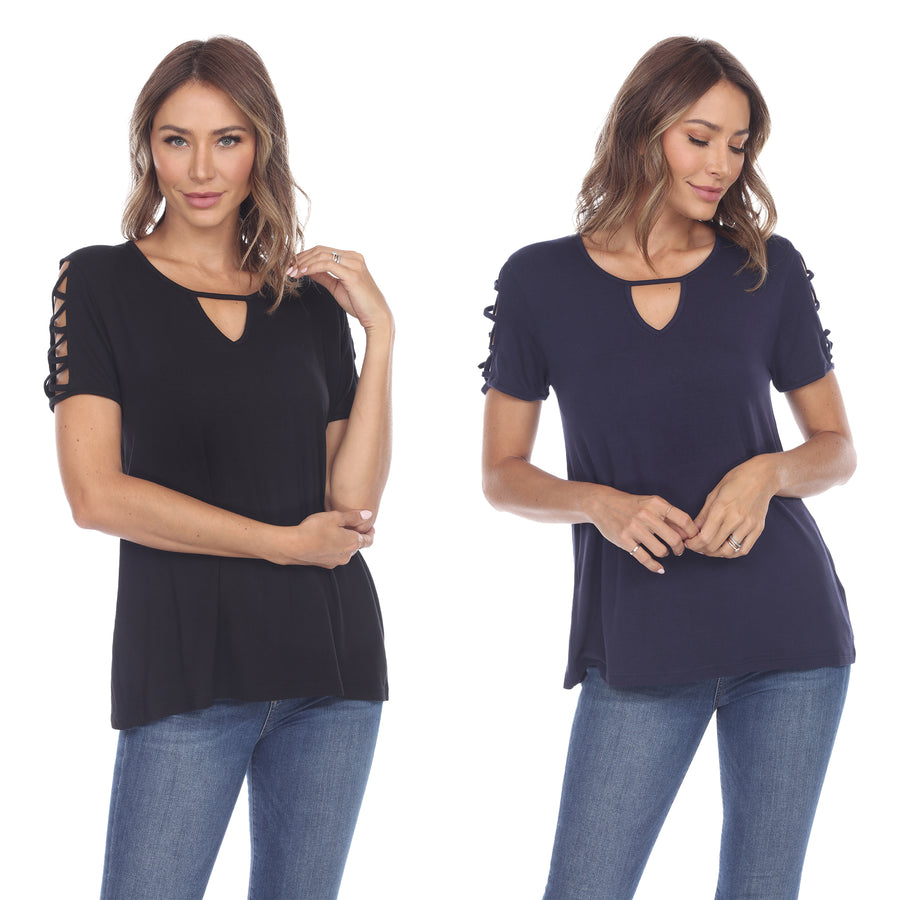 White Mark Womens Keyhole Neck Short Sleeve Top 2 Pack Relaxed Fit Assorted Colors Image 1