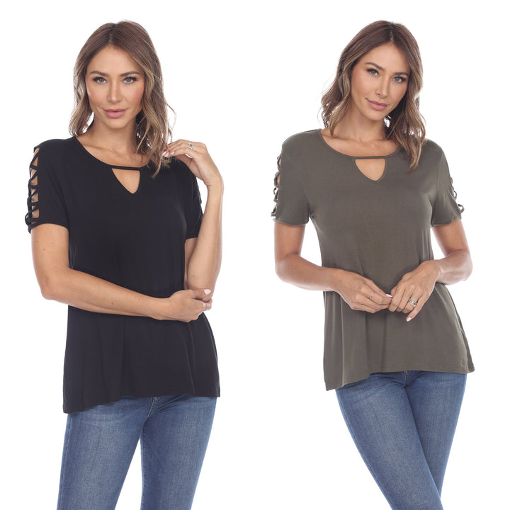 White Mark Womens Keyhole Neck Short Sleeve Top 2 Pack Relaxed Fit Assorted Colors Image 1