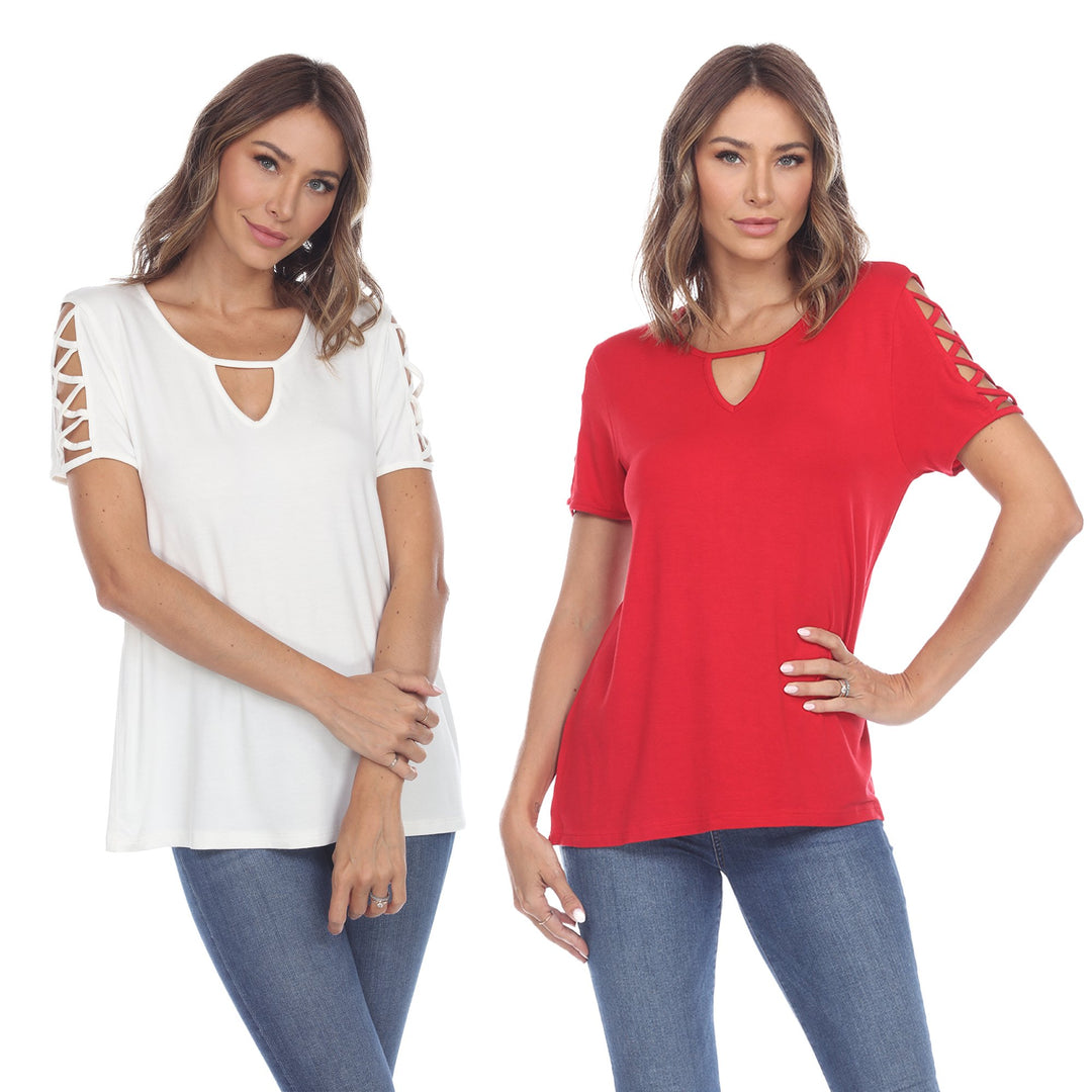 White Mark Womens Pack of 2 White Keyhole Neck Short Sleeve Top Plus Size Image 1