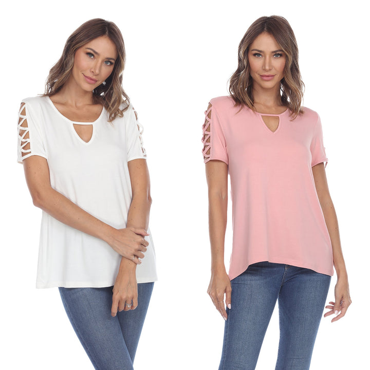 White Mark Womens Pack of 2 White Keyhole Neck Short Sleeve Top Plus Size Image 1