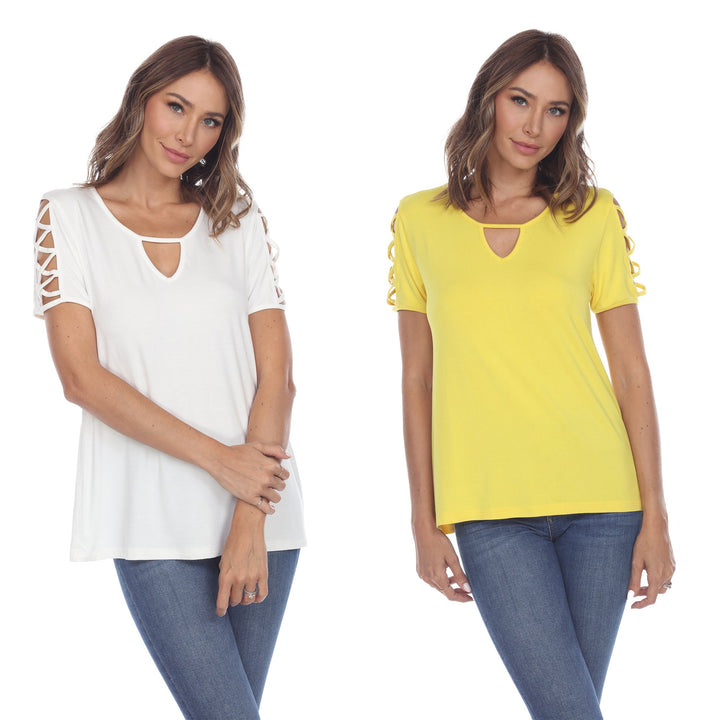 White Mark Womens Pack of 2 White Keyhole Neck Short Sleeve Top Plus Size Image 1