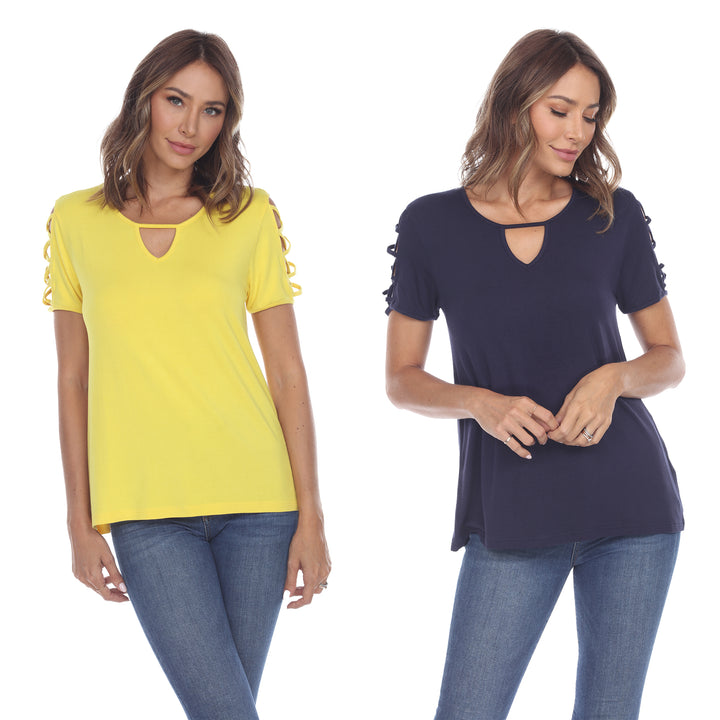 White Mark Womens Yellow Keyhole Neck Short Sleeve Tops 2 Pack Assorted Sizes Image 1