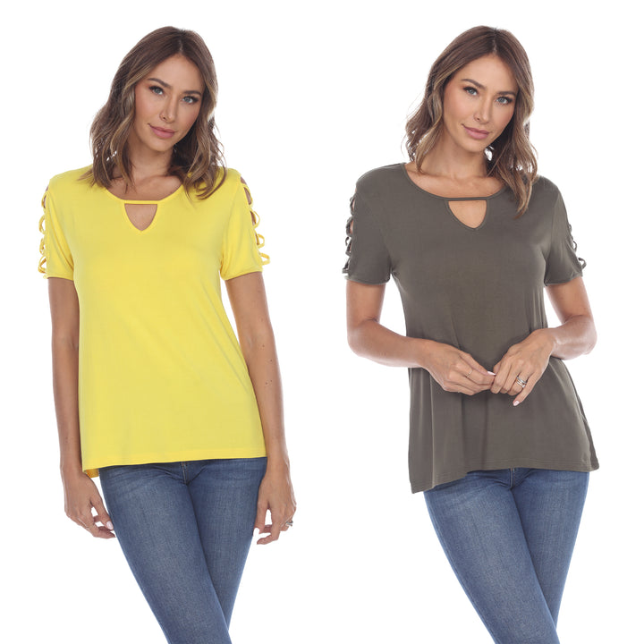 White Mark Womens Yellow Keyhole Neck Short Sleeve Tops 2 Pack Assorted Sizes Image 3