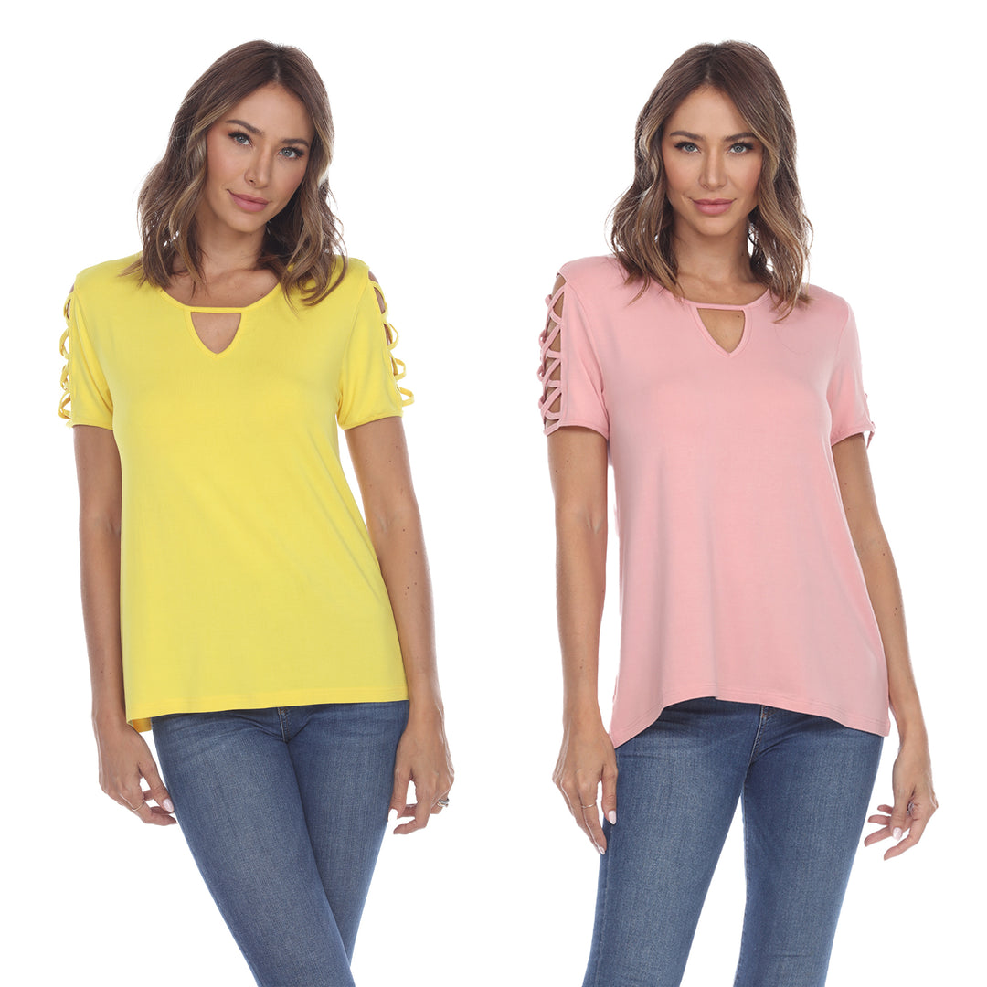 White Mark Womens Yellow Keyhole Neck Short Sleeve Tops 2 Pack Assorted Sizes Image 4