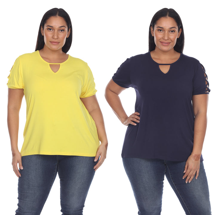 White Mark Womens Yellow Keyhole Neck Short Sleeve Tops 2 Pack Assorted Sizes Image 2