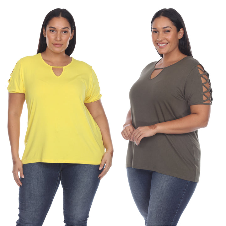 White Mark Womens Yellow Keyhole Neck Short Sleeve Tops 2 Pack Assorted Sizes Image 4