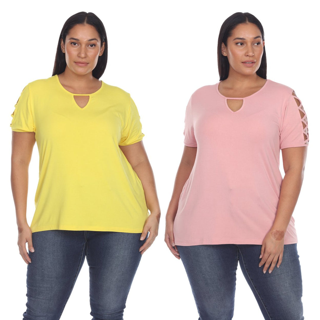 White Mark Womens Yellow Keyhole Neck Short Sleeve Tops 2 Pack Assorted Sizes Image 1