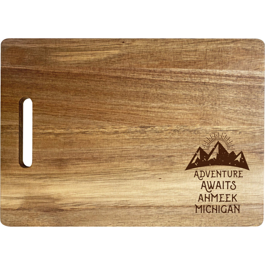 Ahmeek Michigan Camping Souvenir Engraved Wooden Cutting Board 14" x 10" Acacia Wood Adventure Awaits Design Image 1