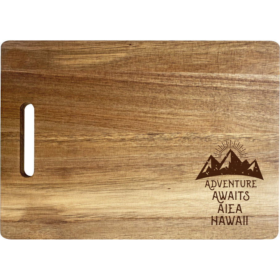 Aiea Hawaii Camping Souvenir Engraved Wooden Cutting Board 14" x 10" Acacia Wood Adventure Awaits Design Image 1