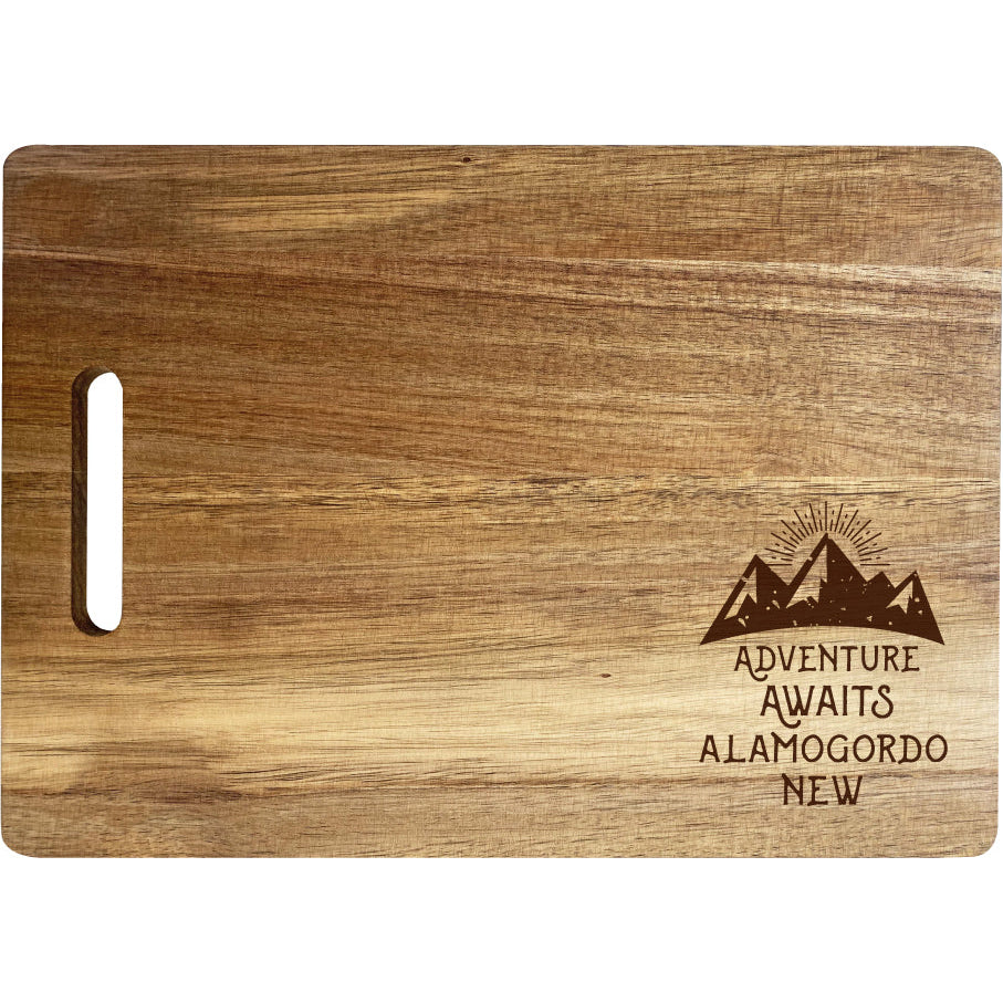 Alamogordo  Mexico Camping Souvenir Engraved Wooden Cutting Board 14" x 10" Acacia Wood Adventure Awaits Design Image 1