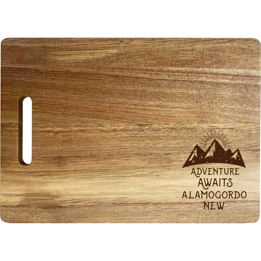 Alamogordo  Mexico Camping Souvenir Engraved Wooden Cutting Board 14" x 10" Acacia Wood Adventure Awaits Design Image 1