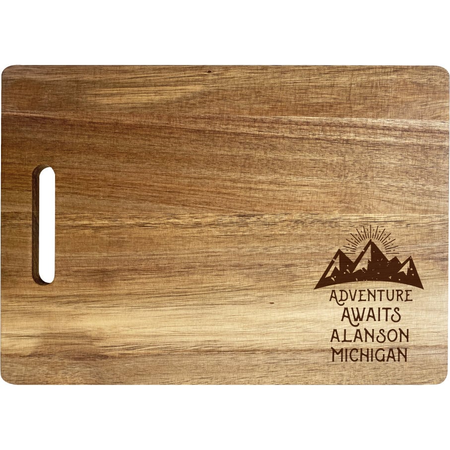 Alanson Michigan Camping Souvenir Engraved Wooden Cutting Board 14" x 10" Acacia Wood Adventure Awaits Design Image 1