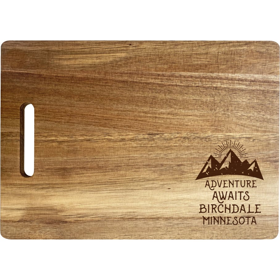 Birchdale Minnesota Camping Souvenir Engraved Wooden Cutting Board 14" x 10" Acacia Wood Adventure Awaits Design Image 1