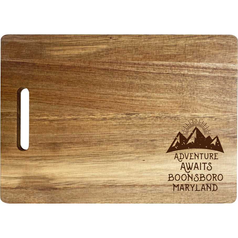 Boonsboro Maryland Camping Souvenir Engraved Wooden Cutting Board 14" x 10" Acacia Wood Adventure Awaits Design Image 1