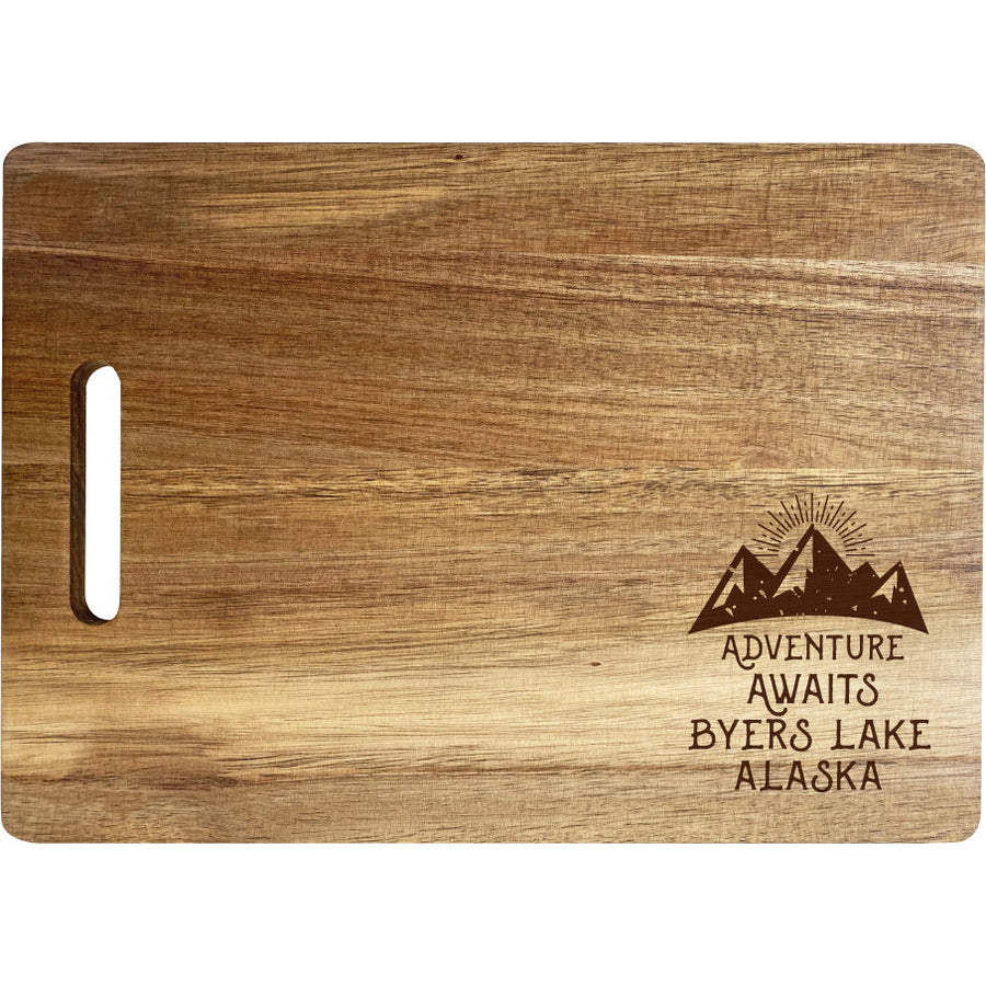 Byers Lake Alaska Camping Souvenir Engraved Wooden Cutting Board 14" x 10" Acacia Wood Adventure Awaits Design Image 1