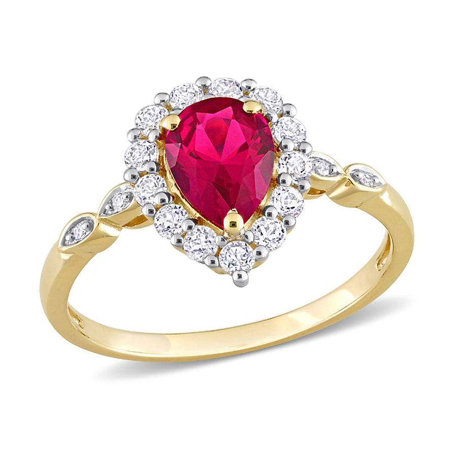 2.38 Carat (ctw) Lab-Created Ruby Pear Engagement Ring with White Topaz in 10K Yellow Gold Image 1