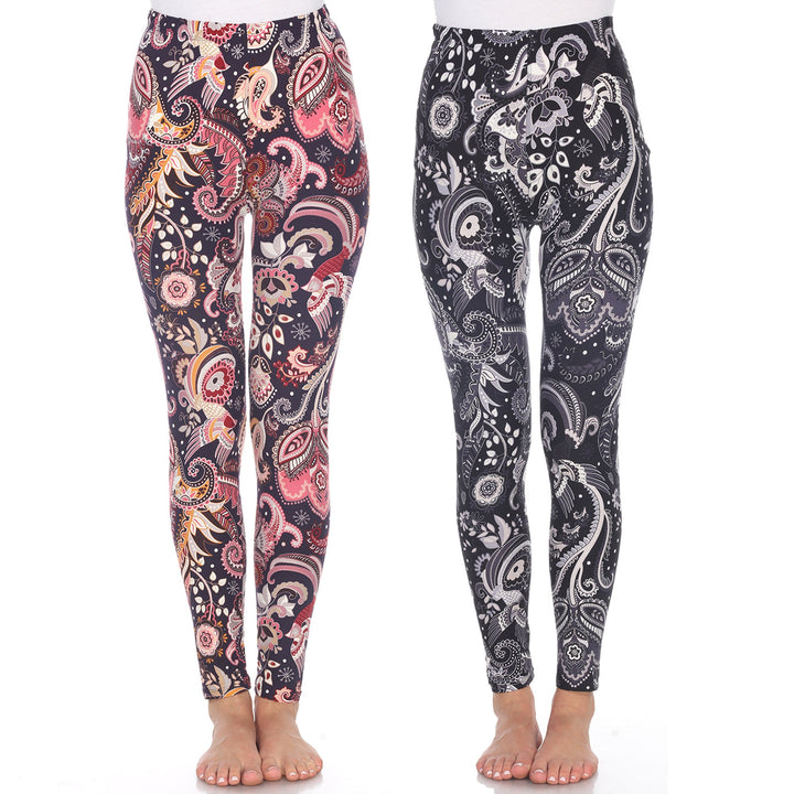 White Mark Womens Pack of 2 Solid Printed Leggings Plus Size and Regular Fit Image 1