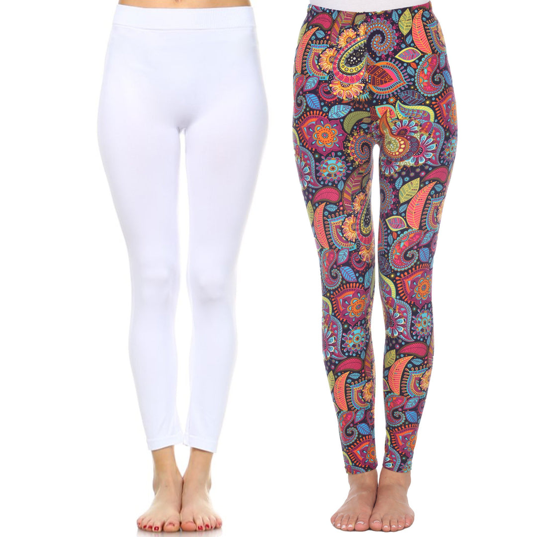 White Mark Womens Pack of 2 Solid Printed Leggings Plus Size and Regular Fit Image 1