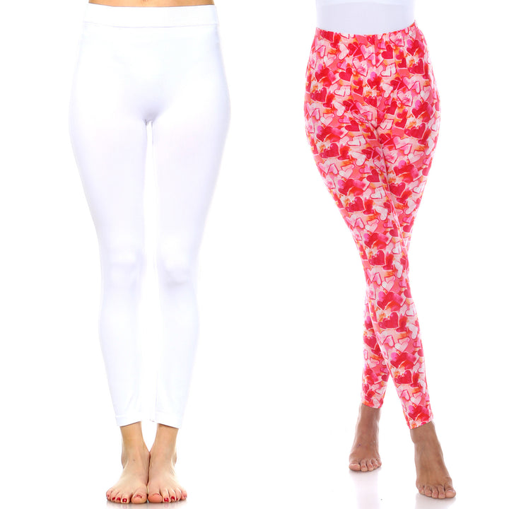 White Mark Womens Pack of 2 Cute Solid and Print Leggings Image 6