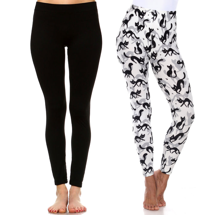 White Mark Womens Pack of 2 Cute Solid and Print Leggings Image 1