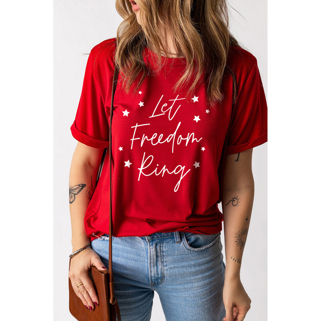 Women's Red-2 Let Freedom Ring Stars Print Short Sleeve T Shirt Image 1