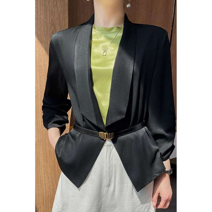 Women's Black Solid Lapel Collar Satin Blazer Image 1