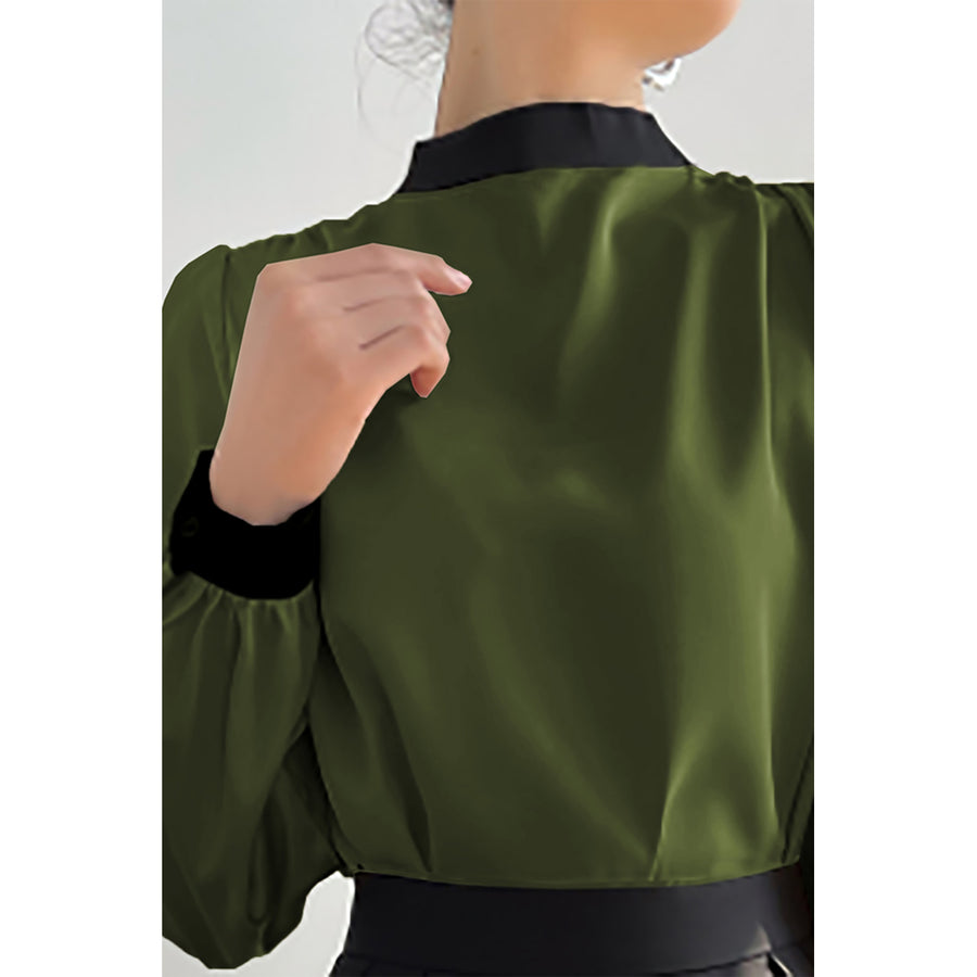 Womens Green Color block mock neck blouse Image 1