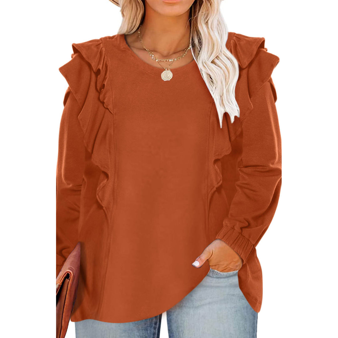 Womens Orange Shoulder Ruffle Long Sleeve Pullover Image 1