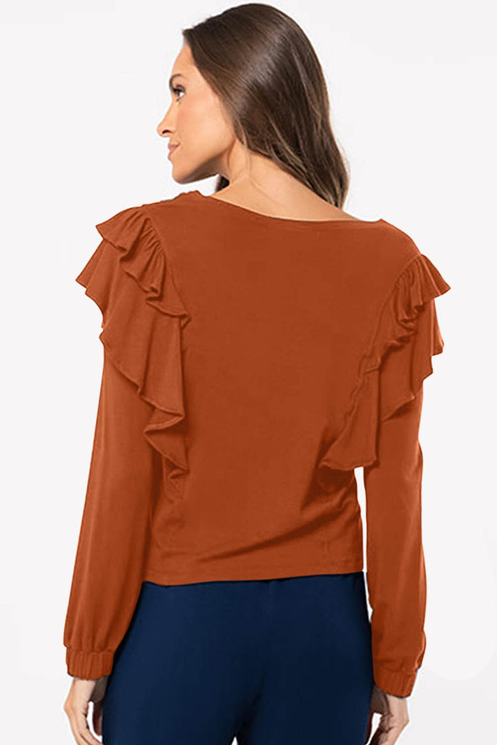 Womens Orange Shoulder Ruffle Long Sleeve Pullover Image 2