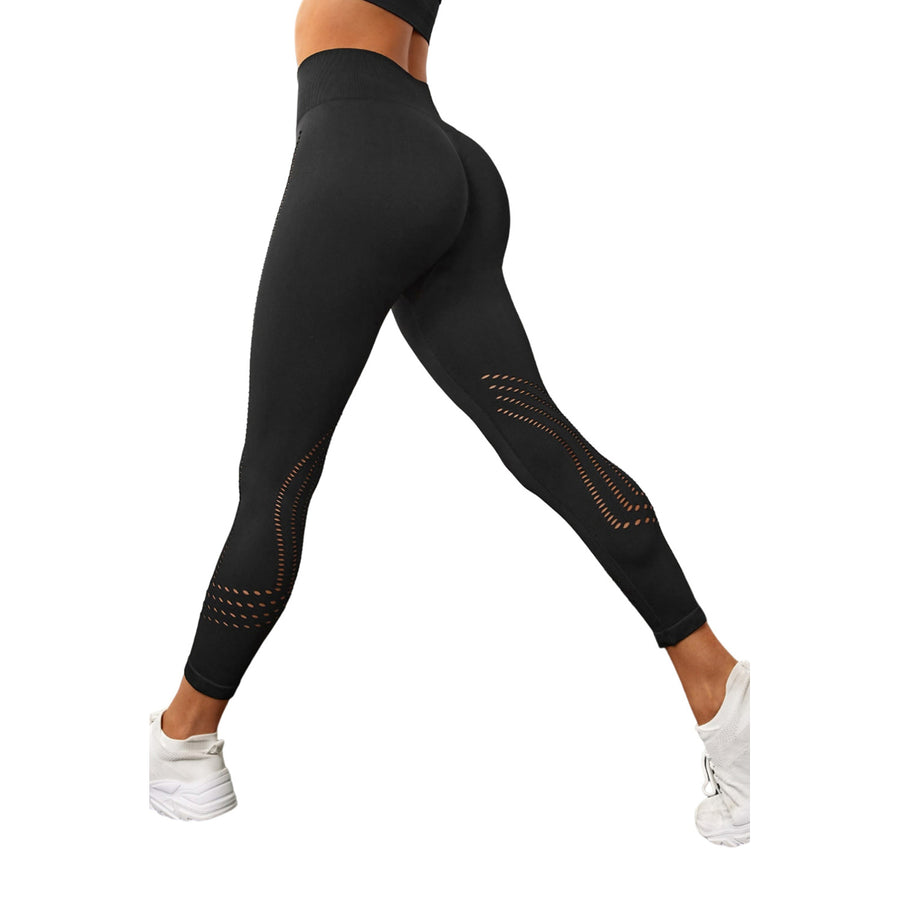 Womens Black Hollow Out Seamless High Waist Yoga Pants Image 1