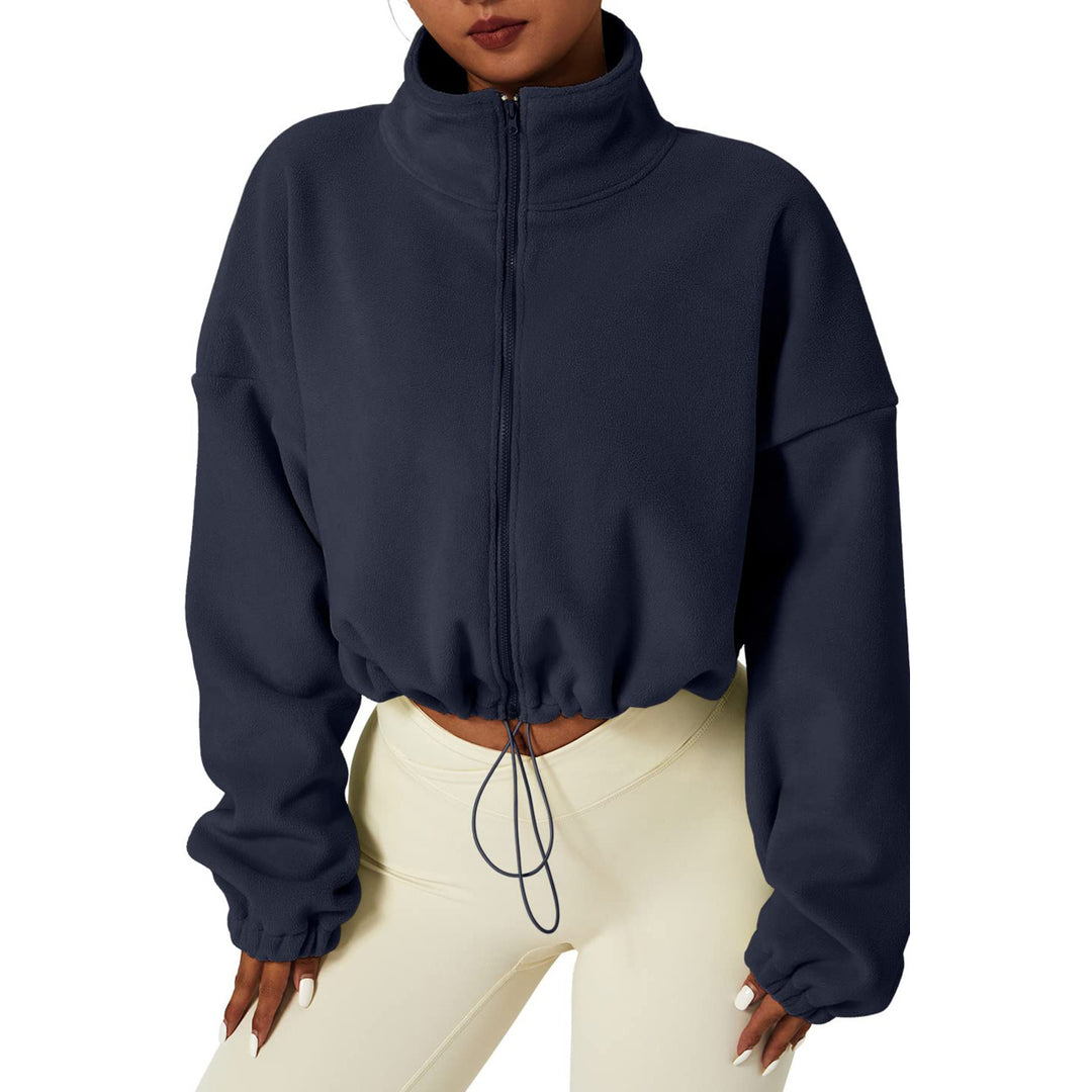 Womens Sky Blue Womens Full Zip Fleece Short Jacket Warm Winter Long Sleeve Stand Collar Sherpa Crop Coat Image 1