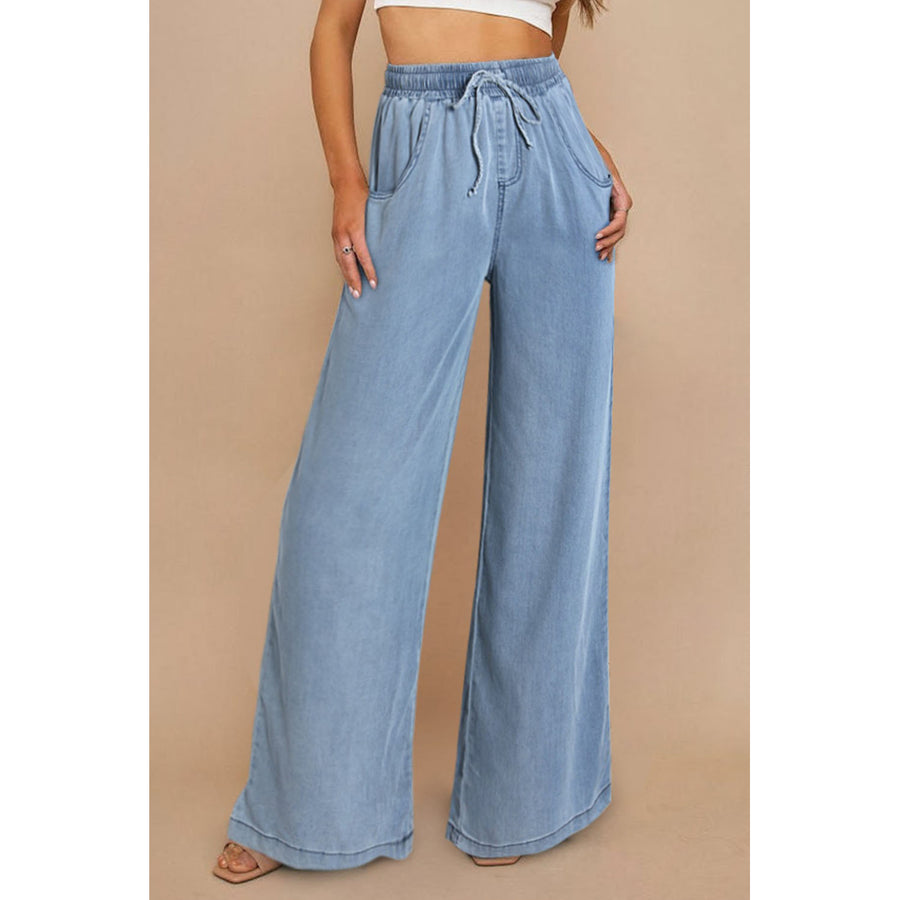 Womens Blue-2 Drawstring Waist Wide Leg Tencel Denim Pants Image 1