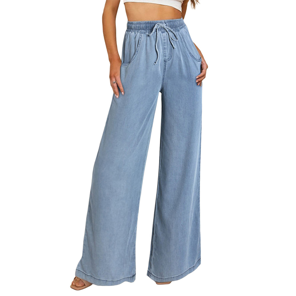 Womens Blue-2 Drawstring Waist Wide Leg Tencel Denim Pants Image 2