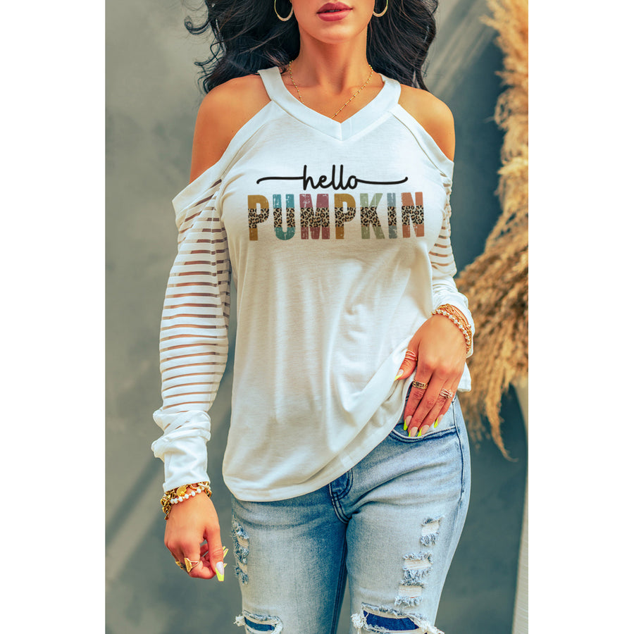 Women's White Hello PUMPKIN Graphic Cold Shoulder Striped Mesh Sleeve Top Image 1