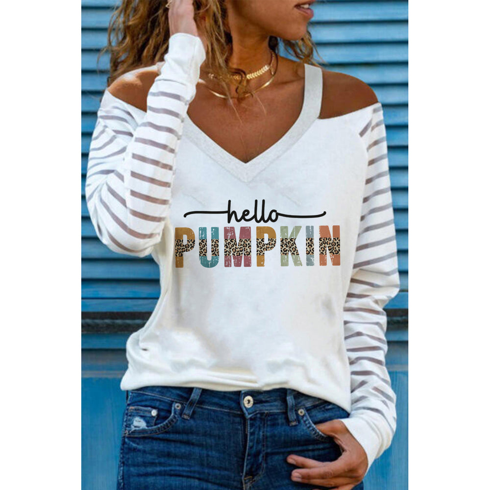Women's White Hello PUMPKIN Graphic Cold Shoulder Striped Mesh Sleeve Top Image 2