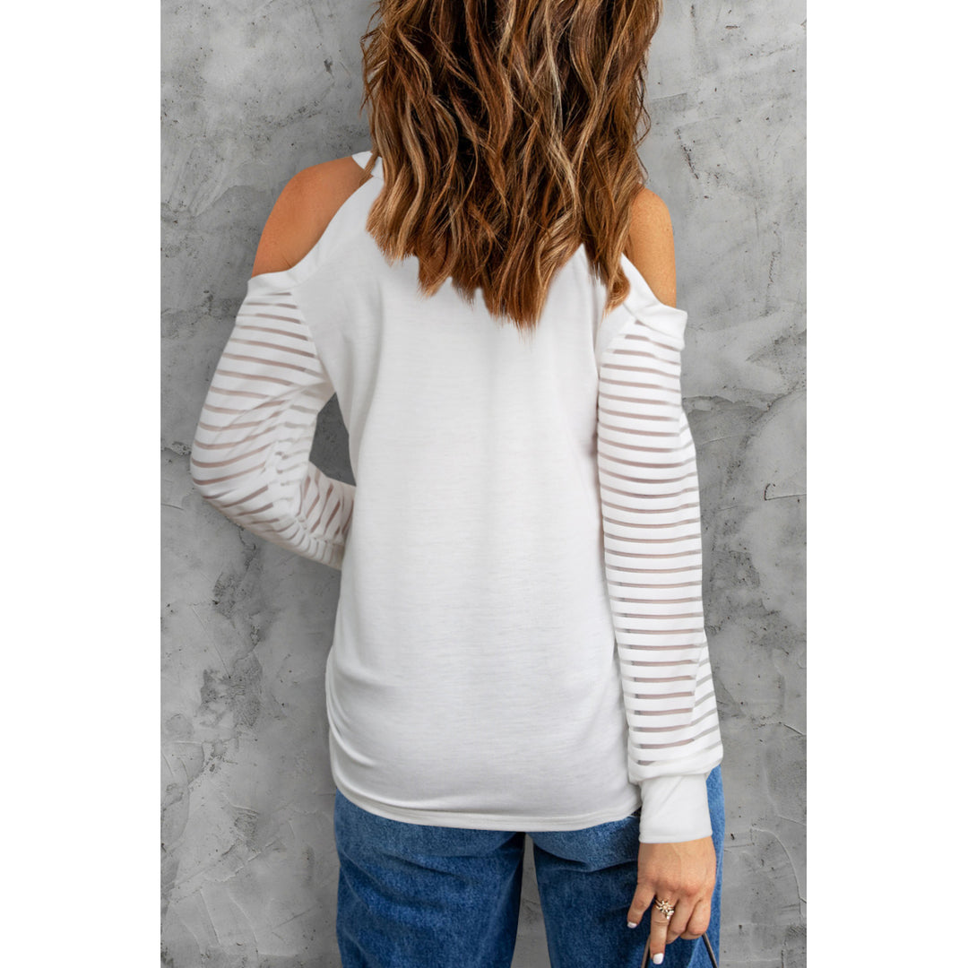 Womens White Hello PUMPKIN Graphic Cold Shoulder Striped Mesh Sleeve Top Image 4