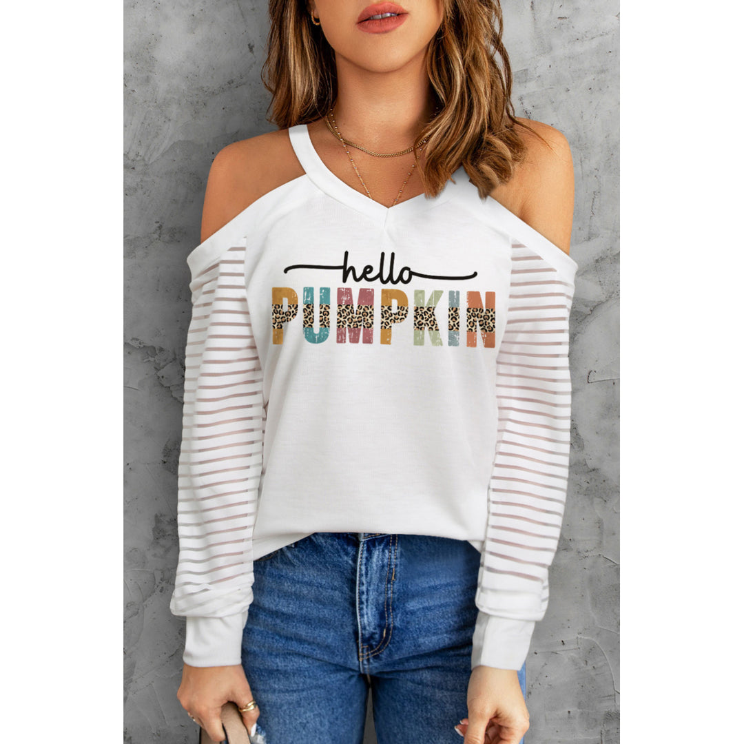 Womens White Hello PUMPKIN Graphic Cold Shoulder Striped Mesh Sleeve Top Image 6