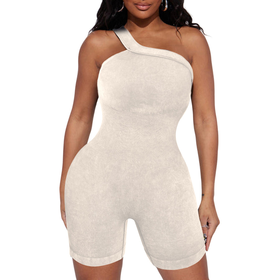 Womens Beige Ribbed One Shoulder Cutout Active Romper Image 1
