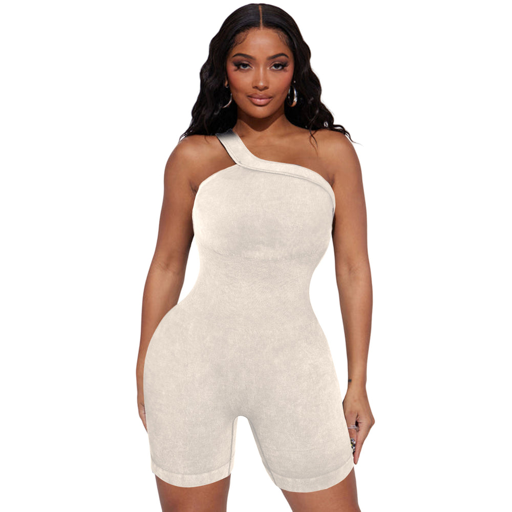 Womens Beige Ribbed One Shoulder Cutout Active Romper Image 2